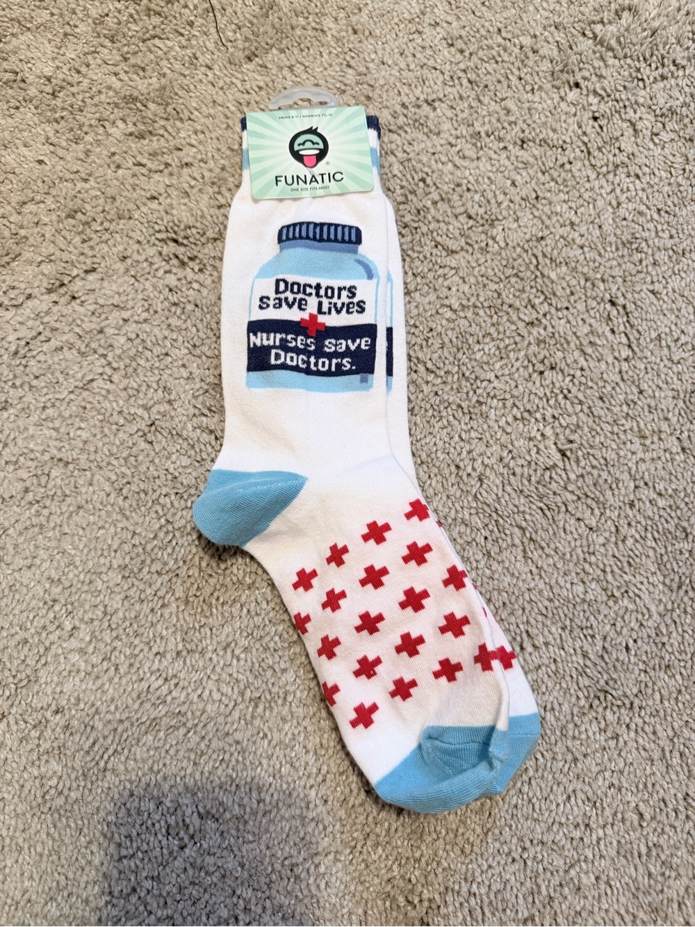 White & Light Blue Medical Theme Crew Socks - Nurses Save Doctors